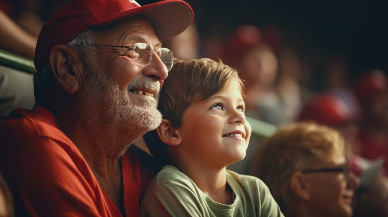 A grandfather spending time with his grandson at a ball game